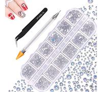 1500PCS Nail Gems, 6 Sizes Flat Back Nail Rhinestones, JUYOO 12 Styles Round Nail Diamonds with Rhinestone Pickers, AB Shiny Nail Crystals Gems for Nail Face Teeth DIY Crafts(Clear)