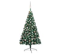 150cm Green Artificial Half Christmas Tree with Lighting, 150 LEDs, Rose Gold Balls, PVC Material, Space Saving for Festive Christmas Decoration