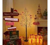 150cm Pre Lit LED Twig Birch Christmas Tree Lamp with Red Birds - 200 Warm White Lights, 8 Modes, Indoor/Outdoor Christmas Decoration, Halloween & All-Occasion