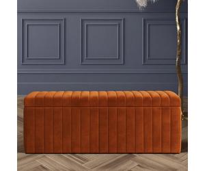 150Cm Wide Lux Ottoman Storage Box, Burnt Orange Velvet Upholstered Full Striped Storage Ottoman Box