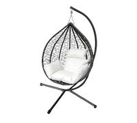 150kg Egg Swing Chair, Foldable Design with 6 Cushion Color Combinations, PE Wicker & Anti-Rust Steel Frame, 115x65x105cm Size, Easy Assembly for Patio/Bedroom Use (Black seat + white cushion)