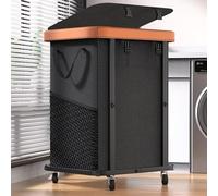 150L (40 Gal) Large Fashion Laundry Basket with Wheels, Leather Patchwork Rolling Hamper Carts, Sturdy Metal Frame, Removable Washable Bag, Tall Clothes Sorter for Bedroom, Laundry Room, Dorm - Black