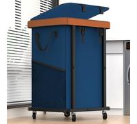 150L Large Fashion Laundry Basket with Wheels, Leather Patchwork Rolling Hamper Carts, Sturdy Metal Frame, Removable Washable Bag, Tall Clothes Sorter for Bedroom, Laundry Room, Dorm - Navy Blue