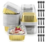 150PCS/50 Sets Mini Loaf Pans with Lids and Spoons, 150ML Reusable Aluminum Mini Loaf Tins Use for Air Fryer Oven, Heat Resistant Square Baking Cups for Making Bread, Cake and Durian
