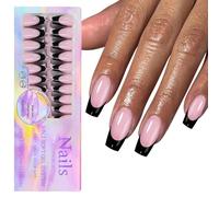 150Pcs Black French Tip Gel Nails Tips Short Coffin Shape Press on Short for Women False 15 Sizes Black Coffin