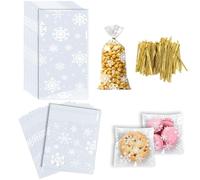 150Pcs Christmas Snowflake Cellophane Bags,2 Sizes: Self-Seal Xmas Clear Treat & Clear Flat Bottom Bags with Gold Twist Ties for Candy, Cookie, Chocolate, Party Favors and Gifts