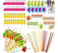 150Pcs Cocktail Accessories for Drinks, Summer Cocktail Decorations Set, Tropical Drink Accessories Kit with Paper Umbrellas, Fruit Straws, Firework Sticks for Hawaiian Beach Party