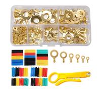 150Pcs Electrical Crimp Connectors M3 M4 M5 M6 M8 M10 Brass Copper Ring Crimp Cable Electrical Terminals Kit, with Heat Shrink Tubing and Wire Stripper