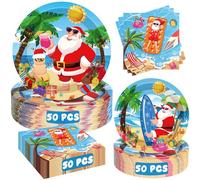 150Pcs July Christmas Decorations Set, Summer Santa Christmas in July Plates and Napkins, July Summer Christmas Party Supplies Tableware for Pool Beach Tropical Christmas Luau Party Decorations