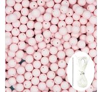 150Pcs Light Pink Acrylic Round Beads, Smooth Plastic Spacer Beads Set with Beading Needle and 13Ft Elastic String Cord for Jewelry Making Bracelets Necklace Earring DIY Crafting Supplies - 12mm