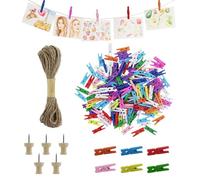150PCS Mini Colorful Wooden Pegs With 10M Jute String for Photo Wall Display, Craft, Weddings, Party - 2.5cm Natural Small Pegs for Hanging Photos