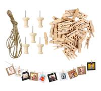 150Pcs Mini Wooden Pegs,2.5cm Natural Small Peg Set for Hanging Photos,Wooden Clips Craft Set with 10M Jute String and 5Pcs Pushpin, for Photo Wall Display,Craft,Weddings Party DIY Decoration