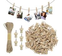 150PCS Mini Wooden Pegs, 2.5cm Natural Small Pegs for Hanging Photos, Wooden Pegs Craft with 10M Jute String for Photo Wall Display, Craft, Weddings & Party