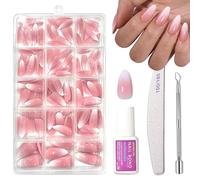 150PCS Ombre Stick on Nails Set - Medium Press on Nails Almond - Nude Pink False nails with Glue - Full Cover Fake Nails Kit - Long Lasting Nail Tips Glue on for Women Girls DIY Manicure at Home