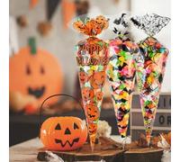 150Pcs Pumpkin Cone Bag Halloween Clear Cellophane Treat Bags, Pumpkin Cone Bag Clear Cellophane Treat Bags Party Favor Bags with Gold Twist Ties for Candy Cookies