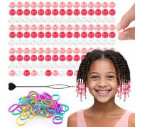 150Pcs Small Silicone Beads for Hair, 8 * 10 mm Soft Pink Mix Colors Pony Silicone Hair Beads for Braids with 50 Rubber Bands and 1 Beader for Braiding, DIY Bracelets Necklaces Crafts