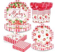 150pcs Strawberry Baby Shower Plates Napkins Party Supplis Disposable Paper Cups Red Forks A Berry Sweet Baby is on the Way Decorations Tableware Set for Girls Party Decor Serves 25 Guests
