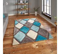 (150x230cm) Noble House Rugs NH9247 Grey Blue Textured 3D Effect Hand Carved Geometric Mats