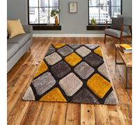 (150x230cm) Noble House Rugs NH9247 Grey Yellow Textured 3D Effect Hand Carved Geometric Mats
