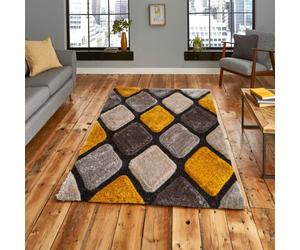 (150x230cm) Noble House Rugs NH9247 Grey Yellow Textured 3D Effect Hand Carved Geometric Mats