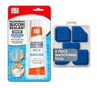 151 White Waterproof Silicone Sealant with 5 Piece Sealant Smoothing Tool Finishing Kit, Perfect for the Bath, Shower, Tiles, Aquariam Repairs, 70g, FREYPAC Bundle