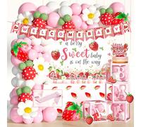152 PCs Strawberry Baby Shower Decorations Girl, Fiesec A Berry Sweet Baby is On The Way Baby Shower Decorations Backdrop Banner Balloon Garland Tablecloth Cake Cupcake Topper Box Cutout Sash