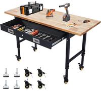 152cm Workbench With Power Outlets & Lockable Wheels, Rubber Wood Workstation Has Adjustable 5 Different Heights, Hardwood Work Table, 2000Lbs Load Capacity, for Workshop,Garage,Office and Home