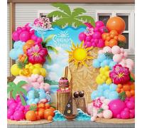 152Pcs Moana Birthday Party Decorations, Hot Pink Orange Macaron Pink Blue Balloons Garland Arch with Hibiscus Foil Balloon for Summer Tropical Luau Hawaii Magic Party Supplies