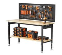 152x55 cm Heavy Duty Work Bench with Pegboard for Workshop, Garage, Offic | 2000 LBS Load Capacity, Rubberwood Work Table, 6 Adjustable Heights with Storage Shelf, 2 in 1 Workbench