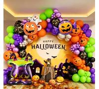 153pcs Halloween Balloon Garland Arch Kit with Ghost Stove Candy Pumpkin Foil Balloons Black Orange Green Purple Balloons for Halloween Party Decorations