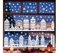 154 PCS Christmas Window Stickers, Christmas Window Clings Reusable Double Sided, PVC Static House Snowflake Window Decals White for Xmas Window Glass Door Decorations, 10 Sheets