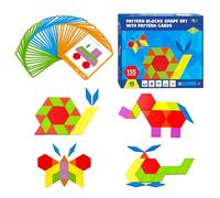 155 PCS Wooden Pattern Blocks Set, 24 Double-Sided Design Cards(48 Patterns) Geometric Shape Puzzle Fun Tangram Montessori Learning Toys for Kids Ages 4-8 (A Storage Bag & A Gift Box)