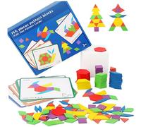 155Pcs Tangram Puzzle, Wooden Pattern Blocks Set with 12 Double-Sided Cards, Educational Shape Matching Toy for Early Math and Creativity
