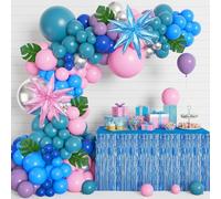 157-Piece Balloon Arch Kit, Pink & Blue Hawaiian Party Decorations Set with Table Skirt, Palm Leaves & Metallic Balloons for Birthday, Baby Shower & Engagement Parties