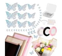 157PCS Flower Bouquet Wrapping Paper Kit Includes 60 Floral Paper, 24 Butterflies, 50 Bouquet Pins, 3 Ribbons and 20 Greeting Cards for Wedding Birthday Party (Black+Pink+Grey Khaki)