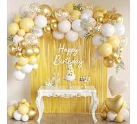 157Pcs Pastel Yellow White and Gold Balloons Garland Arch Kit with Macaron Yellow Fringe Curtain for Baby Shower Birthday Wedding Gender Reveal Sunflower Honeybee Theme Party Decorations