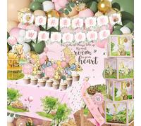158pcs Pink Classic Winnie Baby Shower Decorations Kit, Vintage Winnie Party Supplies Decorations, Classic Pooh Backdrop Cake Topper, Winnie Baby Tablecloth Box Decorations for Girl Boy Baby Shower