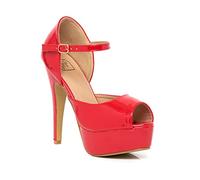 159 Women's Glossy Patent Platform Killer High Heel Peep Toe Ankle Strap Evening Party Special Occasion Shoes 3-8 (Red, Numeric_7)