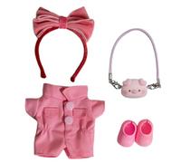 15cm/17cm Plush Doll Designer Clothes Outfits, Pink Jumpsuit with Bow Hair Decor, Pink Shoes, Pink Pig Accessories