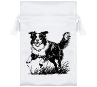 15cm ' Border Collie Running on Grass' Satin Drawstring Bag/Pouch (SB00114717)