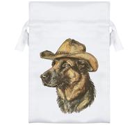 15cm 'German Shepherd Wearing Cowboy Hat' Satin Drawstring Bag/Pouch (SB00123665)