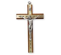 15cm Mahogany Wood Crucifix Cross Wall Hanging Wall Hanging Silver Jesus Diamond Cut Inlay 10581