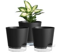 15cm Self Watering Plant Pots Indoor, 3 Pack Plastic Planters with Drainage Holes & Saucer, Ideal for All Indoor Outdoor House Plants(Black With Transparent Drainage)