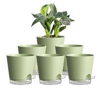 15cm Self Watering Plant Pots Indoor, 6 Pack Plastic Planters with Drainage Holes & Saucer, Ideal for All Indoor Outdoor House Plants(Green With Transparent Drainage)