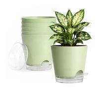 15cm Self Watering Plant Pots Indoor, 6 Pack - Side Refill Planters with Clear Water Level Reservoir & Wick System, Modern Sage Green Plastic Flower Pots with Drainage Holes & Saucer for House Plants