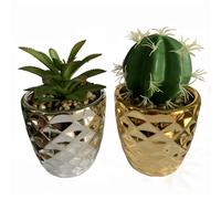 15cm Set of Two Silver and Gold Ceramic Planters with Artificial Cactus and Dracaena Leaf Silver One Size