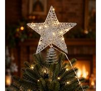 15cm Silver Iron Glitter Christmas Tree Topper Star - 3D Hollow Xmas Top | Battery-Operated LED Lighted Metal Star with Sparkle Glitter Finish for Christmas Tree Decorations, Festive Home Ornament