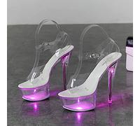 15CM Women's Pumps Platform Open Toe High Heel Stiletto Pumps Ladies Transparent Ankle Strap Sandals Sexy Pole Dance Striptease Shoes with Light,Purple,39
