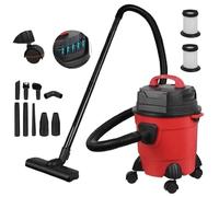 15L Compact Wet & Dry Vacuum - 1500W Power Bagged Cylinder Cleaner for Garage, Home, Workshop Reusable Filter + Floor Brush & Hose - Red/Black (Corded)