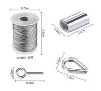 15m 2mm Stainless Steel Cable Kit with M5 Screw Buckles M2 Thimbles M5 Eye Hooks and Aluminum Crimps for Securing Outdoor Chandeliers and Curtains